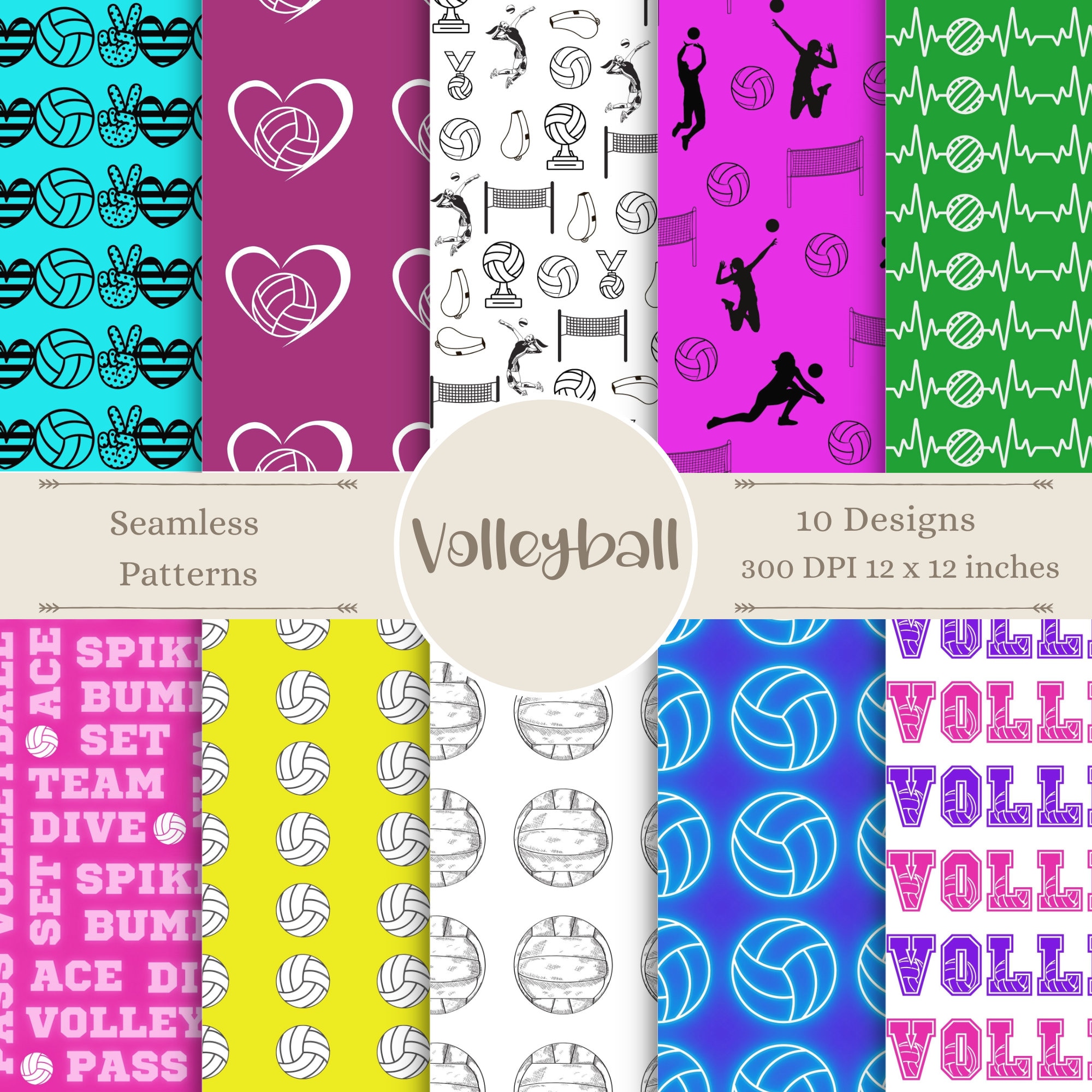 Volleyball Digital Patterns | Game Time Seamless Paper | Sports Scrapbook Prints | Volleyball Design | Athletic Backgrounds | Party Crafts
