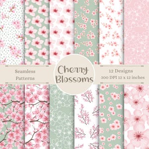 May include: Twelve seamless patterns featuring pink cherry blossoms on various backgrounds, including white, light green, and pink. The patterns are labeled "Cherry Blossoms" and "Seamless Patterns".