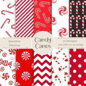 May include: Ten digital paper designs featuring red and white candy canes, peppermint swirls, and other holiday patterns. Seamless patterns are 300 DPI and 12 x 12 inches.