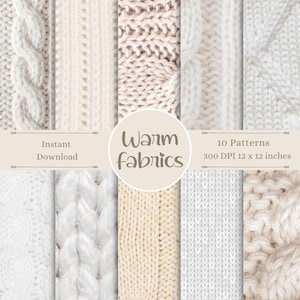 May include: Ten seamless digital paper patterns featuring various knit textures in white and cream. The patterns are 300 DPI and 12 x 12 inches.