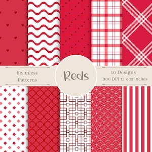 May include: Ten red and white seamless patterns, including hearts, waves, polka dots, plaid, diamonds, and more. The patterns are 12 x 12 inches and 300 DPI.