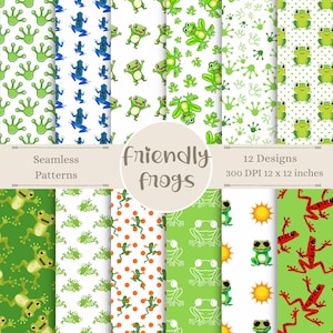May include: Twelve digital paper designs featuring various green frogs with different patterns. The designs include frogs with sunglasses, frogs with polka dots, frogs with footprints, and frogs with a sun. The text "Friendly Frogs" is in the center of the image. The text "Seamless Patterns" is in the top left corner of the image. The text "12 Designs 300 DPI 12 x 12 inches" is in the top right corner of the image.