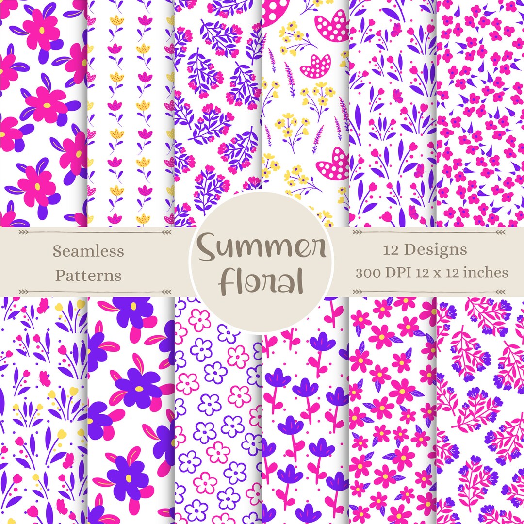 Summer Floral Digital Designs | Flower Seamless Patterns | Pink & Blue ...