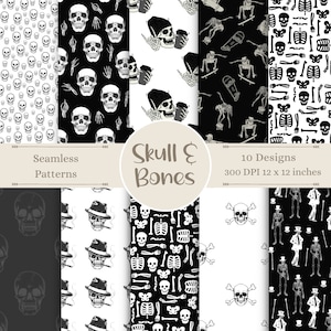 Pode incluir: Uma coleção de dez padrões sem costura com designs de caveiras e ossos em preto e branco. Os padrões incluem caveiras, esqueletos e imagens relacionadas. A imagem também inclui o texto "Seamless Patterns" e "Skull & Bones". Os designs medem 30,48 x 30,48 cm.