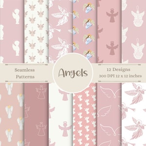 May include: Twelve seamless patterns featuring angels in various poses, including playing a trumpet, with wings, and haloes. The patterns are in shades of pink and white on a white or pink background. The text "Seamless Patterns" and "Angels" is included in the image. The text "12 Designs 300 DPI 12 x 12 inches" is also included in the image.