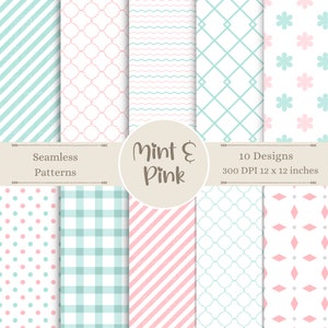 Può includere: Un set di 10 motivi senza cuciture in verde menta e rosa. I motivi includono strisce, pois, gingham e disegni geometrici. I motivi sono di 12 x 12 pollici e 300 DPI.