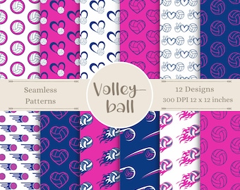 Volleyball Digital Patterns | Game Time Seamless Craft Paper | Sports Scrapbook Prints | Athletic Designs| Pink & Blue Player Backgrounds