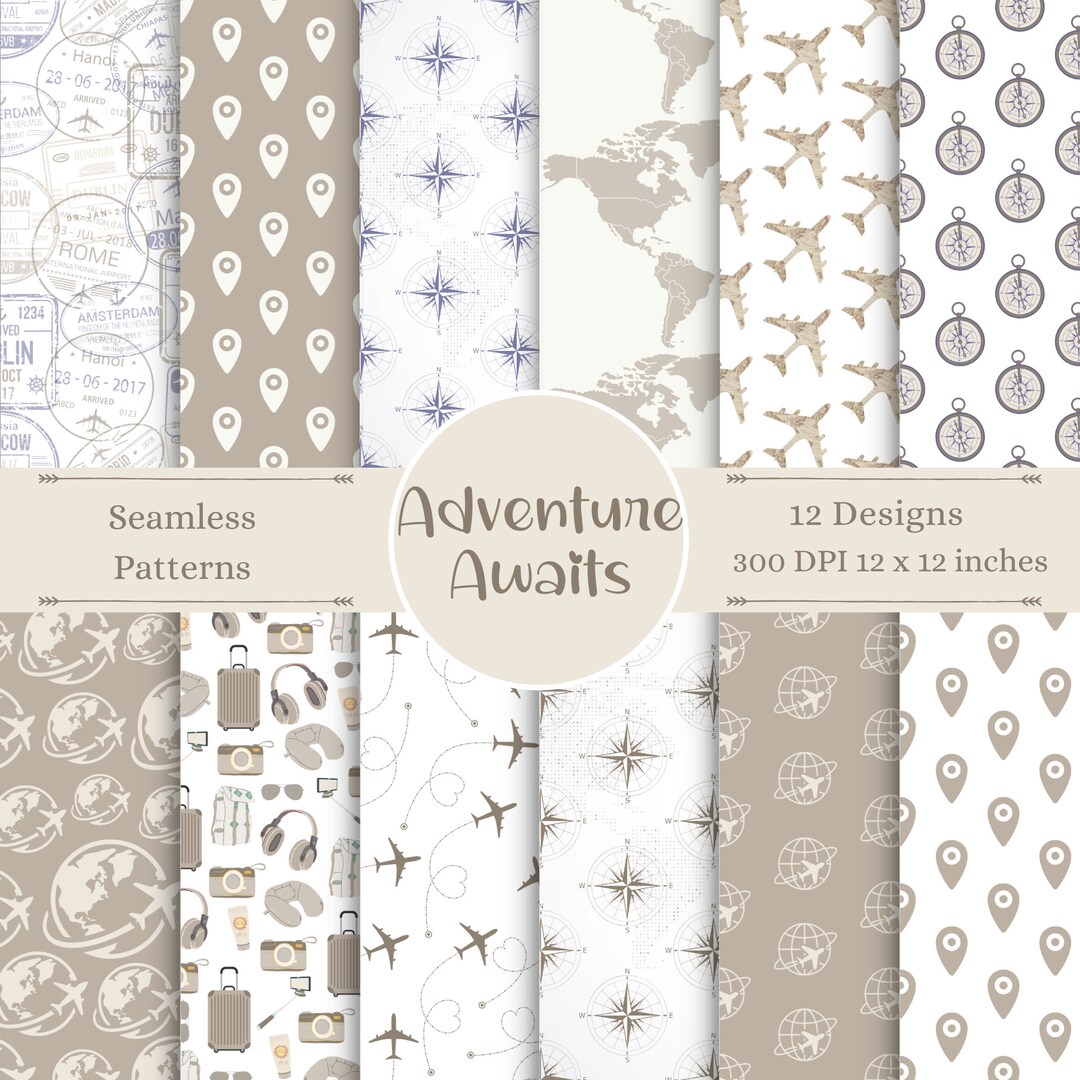 Travel Pattern Paper Adventure Digital Designs | Plane Seamless Patterns | Travel Scrapbook ...