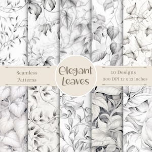 Elegant Leaves Digital Paper | Beautiful Seamless Patterns | Instant Download Background | Printable Black & White Scrapbook image | BW Art