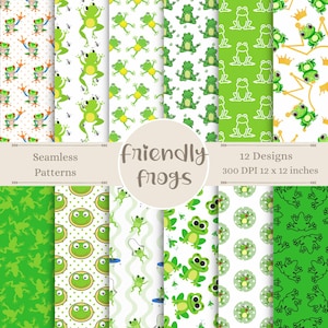 May include: Twelve digital paper designs featuring green frogs on a white background. The designs include frogs with different expressions, frogs with crowns, frogs with polka dots, frogs with fly swatters, and frogs with lily pads. The text "Friendly Frogs" is in the center of the image. The text "Seamless Patterns" is in the top left corner of the image. The text "12 Designs 300 DPI 12 x 12 inches" is in the top right corner of the image.