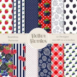 Berry Digital Patterns | Fruit Seamless Paper | Blueberry Scrapbook Prints | Raspberry Theme | Blackberry Background Art | Berries | Crafts
