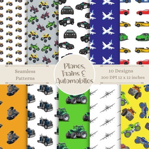 Planes, Trains & Automobiles Digital Patterns | Trucks Seamless Paper | Vehicle Images | Toys Scrapbook Background | Instant Download Crafts