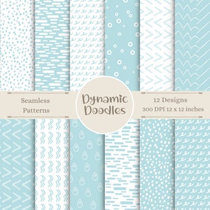 Könnte beinhalten: Zwölf nahtlose Muster mit dynamischen Kritzeleien in Weiß auf hellblauem Hintergrund. Die Muster umfassen Punkte, Linien, Wellen, Zickzacklinien und Wirbel. Der Text "Nahtlose Muster", "Dynamische Kritzeleien", "12 Designs" und "300 DPI 12 x 12 Zoll" ist im Bild enthalten.