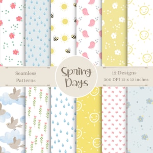 Springtime Digital Patterns | Floral Seamless Paper | Butterfly Scrapbook Prints |Spring | Sun and Rain Background Art | Birds & Bees Crafts
