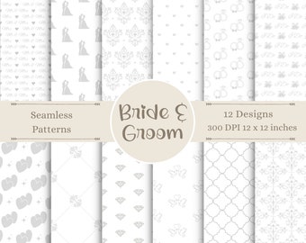 Bride & Groom Digital Designs | Gray and White Wedding Seamless Patterns | Elegant Marriage Scrapbook Craft Paper | Love Instant Downloads