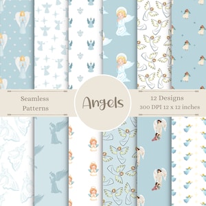 May include: Twelve seamless patterns featuring angels in various poses and designs. The patterns are in shades of blue and white and include hearts, stars, and haloes. The text "Seamless Patterns" and "Angels" is included in the image.