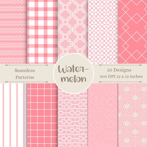 Pode incluir: Dez designs de papel digital em rosa e branco com vários padrões geométricos. Os designs são sem costura e perfeitos para scrapbooking, criação de cartões e outros projetos de artesanato. O texto "Watermelon" e "Seamless Patterns" está incluído na imagem.