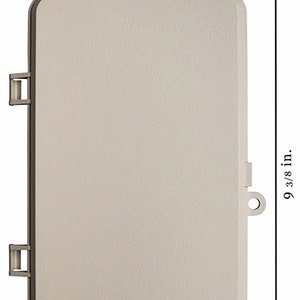 May include: A beige rectangular electrical box with a hinged door. The box measures 5 1/2 inches wide and 9 3/8 inches tall.