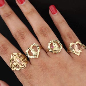 10K Solid Gold Virgin Mary Virgen Maria Lady Guadalupe Rose Round Circle Ring for Women Girl Unique Virgin Mary Jewelry Heart Rose Gold