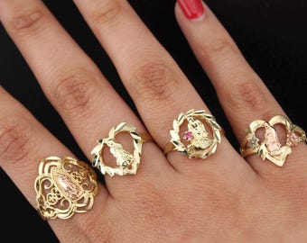 10K Solid Gold Virgin Mary Virgen Maria Lady Guadalupe Rose Round Circle Ring for Women Girl Unique Virgin Mary Jewelry Heart Rose Gold