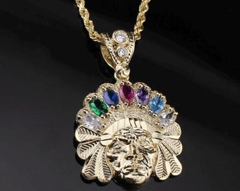 Real 10k Gold Indian Head Pendant | American Indian Native Chief Pendant - 10K yellow Gold
