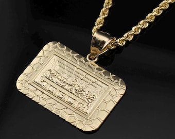 10K Solid Yellow Gold Diamond Cut Rectangle Picture Frame Last Supper Charm Pendant. 3 Sizes