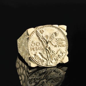 10K Gold Mexican Centenario 50 Pesos Ring Signet Ring Yellow Gold Centenario Coin Ring