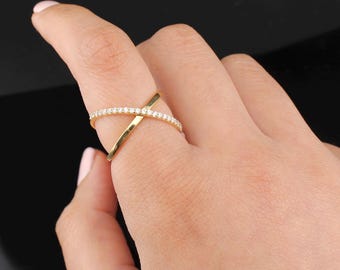 Real 18K Gold Criss Cross Ring Dainty Stackable Ring For Her, Gifts For Her,Criss Cross Ring, 18K Solid Gold Elegant Ring Christmas Gift