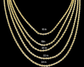 May include: Five gold rope chains of different lengths, laid out on a black background. The chains are labeled with their lengths in inches: 16 in, 18 in, 20 in, 22 in, and 24 in.