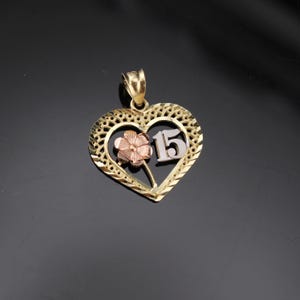 10K Gold 15 Quinceañera Pendant or Sweet 16 Pendant Anos Birthday Gift Heart 15th Birthday Gift, Real Sweet 16 Gift, Quinceanera Gift 1 inch