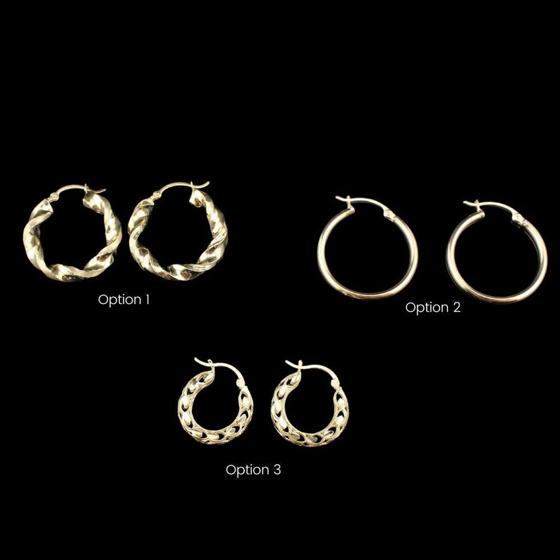 May include: Three pairs of gold-colored hoop earrings are displayed against a black background. Option 1 features twisted designs, Option 2 has simple hoops, and Option 3 showcases a chain-link pattern. The earrings are presented as jewelry.