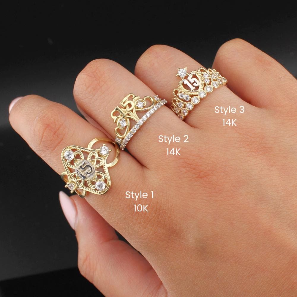 14K & 10K Solid Gold Quinceañera 15th Birthday Crown CZ Ring 14K