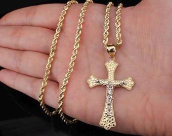 Real 10k Solid Gold Cross Pendant Necklace for Men Cross Unique Gift for Him Cross Pendant with Chain