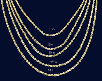 May include: Gold-colored rope chain necklaces in various lengths, including 16 in, 18 in, 20 in, 22 in, and 24 in, are displayed against a dark blue background. The chains are arranged in a layered presentation.