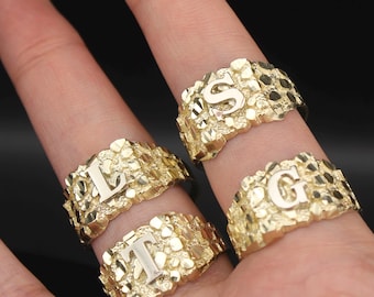 10K Gold Men&#39;s Nugget Ring Initial Nugget Ring Square Real Gold ALL SIZES. Yellow Gold 10K Letter Nugget Ring  Signet Pinky Ring Letter Ring