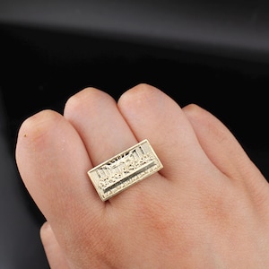 Real Solid 10K Gold Last Supper Ring | 10K Solid Gold Ring | Rectangle Last Supper Jewelry All Sizes Jesus Ring Religious Ring