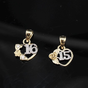 10K Gold 15 Quinceañera Pendant or Sweet 16 Pendant Anos Birthday Gift Heart 15th Birthday Gift, Real Sweet 16 Gift, Quinceanera Gift