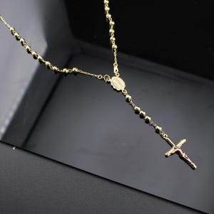 14k Solid Yellow Gold Virgin Mary Rosary Beads Necklace 22&quot; | Crucifix Rosary Beads Yellow Gold
