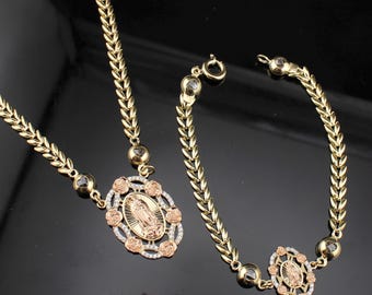 Real 10k Solid Virgin Mary Necklace, 10K Virgin Mary Bracelet, Solid 10K Gold Virgin Mary Jewelry, Lady of Guadalupe Necklace