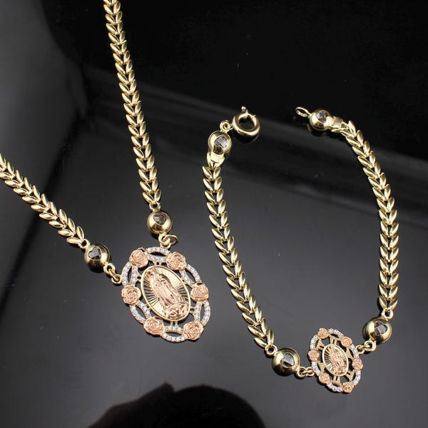 Real 10k Solid Virgin Mary Necklace, 10K Virgin Mary Bracelet, Solid 10K Gold Virgin Mary Jewelry, Lady of Guadalupe Necklace