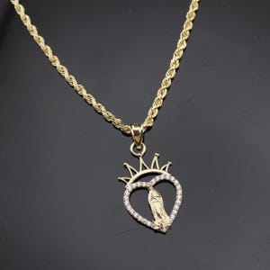 Real 10k Solid Gold Virgin Mary Mother Marie Heart Pendant & Chain Necklace for Women Girl Her Unique Virgin Mary Necklace