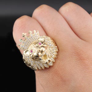 10k Solid Gold Lion Head Ring with Cubic Zirconia Stones for Men Stylish Ring, Mens Bold Statement Ring, Unique Gift for Him, Lion Shape