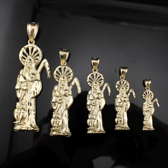 10K Real Gold Santa Muerte Angel of Death Pendant Solid 10K Yellow Gold New Style All Sizes