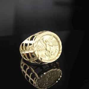 Real 10K Gold Mexican 50 Pesos Centenario Nugget Signet Ring Yellow Gold | Men 50 Pesos Ring | Real Gold Ring | Spanish Jewelry | Coin Ring