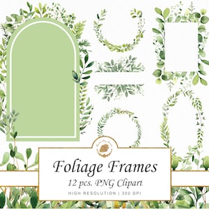 Molduras de folhagem em aquarela Pacote de folhas de sálvia Clipart PNG SVG Moldura Cartão de convite para impressão Fronteira Woodland Cottagecore Party Cartão digital