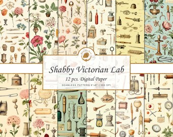 Victorian Medical Ephemera Digital Paper, Shabby Chic Floral (Seamless Pattern)