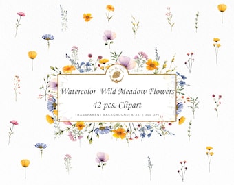 Watercolor Wildflower Clipart Bundle: Rustic Meadow PNG Graphics (Digital Download)