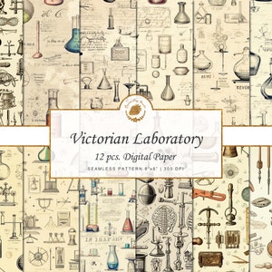 May include: A digital paper pack with 12 seamless patterns featuring vintage illustrations of laboratory equipment, including beakers, flasks, and scientific tools. The patterns are in shades of beige, brown, and black on a cream background. The text "Victorian Laboratory" and "12 pcs. Digital Paper" is included in the image.