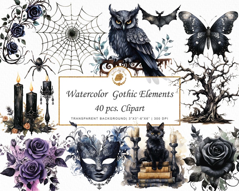 Puede incluir: Clipart de elementos g&oacute;ticos en acuarela con un b&uacute;ho negro, un murci&eacute;lago, una ara&ntilde;a y una mariposa. La imagen tambi&eacute;n incluye rosas, un gato negro, velas, una m&aacute;scara y un &aacute;rbol desnudo. El texto dice "Watercolor Gothic Elements 40 pcs. Clipart".