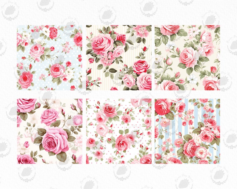 Shabby Chic Rose Floral Digital Paper Seamless Floral Pattern Bundle ...